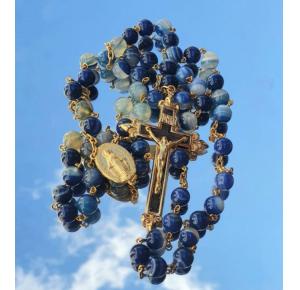 Terço Pedra Agata Azul dourado 8mm